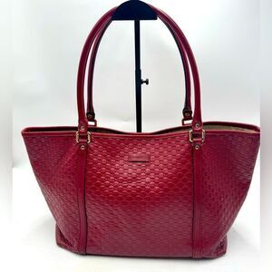 Auth Gucci Large Red Microguccisima Monogram Embossed Leather Joy Tote Bag Ex+